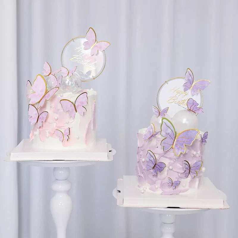 Cake topper decoratie vlinders met prikkers 10 stuks goud/paars Voordeelstore.nl