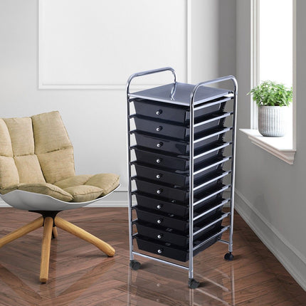 Trendmix Metalen Opbergrek Met 10 Lades - Roterende Wielen - Kapperstrolly - Kantoor Organizer - Gereedschapsrek - Zwart PP-Laden - 32,5 x 37 x 86 cm