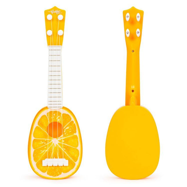 Ecotoys mini kunststof kinder ukelele / gitaar sinaasappel met 4 snaren 36 x 11.5 x 3.5 cm oranje