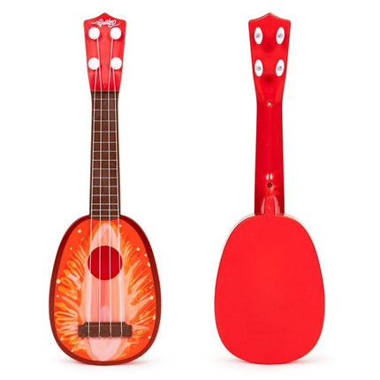 Ecotoys mini kunststof kinder ukelele / gitaar aardbei met 4 snaren 36 x 11.5 x 3.5 cm rood