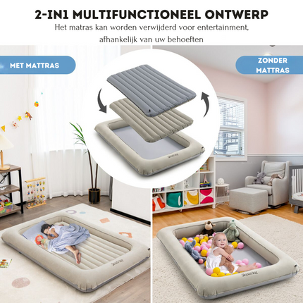 HoneyJoy 2-in-1 Multifunctioneel Opblaasbaar Peuterreisbed - Kinder Speelplek - Ballenbal - Grijs 165 x 118 x 20 cm