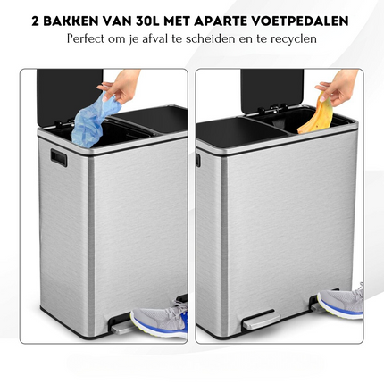 Costway RVS Afvalscheidingsprullenbak 2 x 30L - Prullenbak 60L Met Dubbele Compartimenten En Voetpedalen - Anti-Vingerafdruk