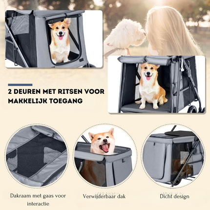 Costway Opvouwbare XL Hondenbuggy Met Ademend Gaas En Opbergvakken - Voor Honden En Katten Tot 40 kg - 106 x 63 x 103 cm Grijs