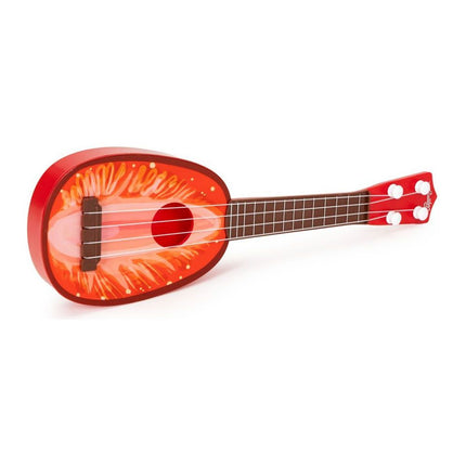 Ecotoys mini kunststof kinder ukelele / gitaar aardbei met 4 snaren 36 x 11.5 x 3.5 cm rood