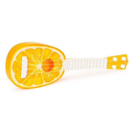 Ecotoys mini kunststof kinder ukelele / gitaar sinaasappel met 4 snaren 36 x 11.5 x 3.5 cm oranje