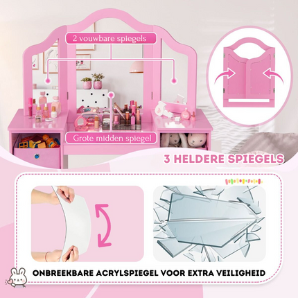 Costway 2 in 1 Kaptafel kind met Stoel En 3 Spiegels 104 x 40 x 117 cm Roze - Set voor Kinderen - Make-Up Tafel - Opmaaktafel