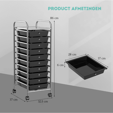 Trendmix Metalen Opbergrek Met 10 Lades - Roterende Wielen - Kapperstrolly - Kantoor Organizer - Gereedschapsrek - Zwart PP-Laden - 32,5 x 37 x 86 cm