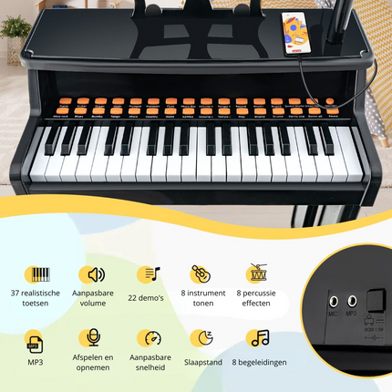 Costway 37 Toetsen Elektronisch Kinderpiano - Kinderpiano met kruk, Microfoon en Bladmuziekstandaard  - Piano voor kinderen vanaf 3 jaar- 41 x 22,5 x 49 cm Zwart