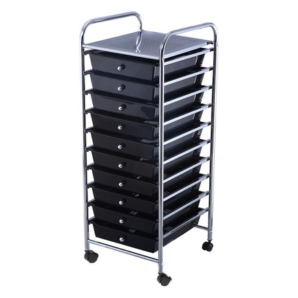 Trendmix Metalen Opbergrek Met 10 Lades - Roterende Wielen - Kapperstrolly - Kantoor Organizer - Gereedschapsrek - Zwart PP-Laden - 32,5 x 37 x 86 cm