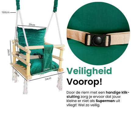 Luxe houten 3 in 1 groene meegroei baby schommel en Kinder schommel – Baby swing – Schommel die meegroeit met je kindje - Schommelstoel - Schommels - Handgemaakt