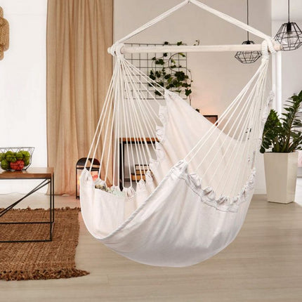 Modern Home Braziliaanse hangmat stoel met houten stok en 1-punts bevestiging wit