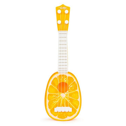 Ecotoys mini kunststof kinder ukelele / gitaar sinaasappel met 4 snaren 36 x 11.5 x 3.5 cm oranje