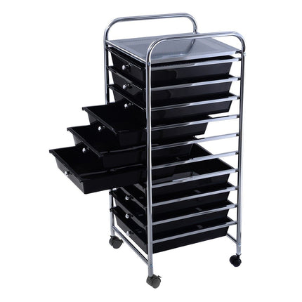 Trendmix Metalen Opbergrek Met 10 Lades - Roterende Wielen - Kapperstrolly - Kantoor Organizer - Gereedschapsrek - Zwart PP-Laden - 32,5 x 37 x 86 cm