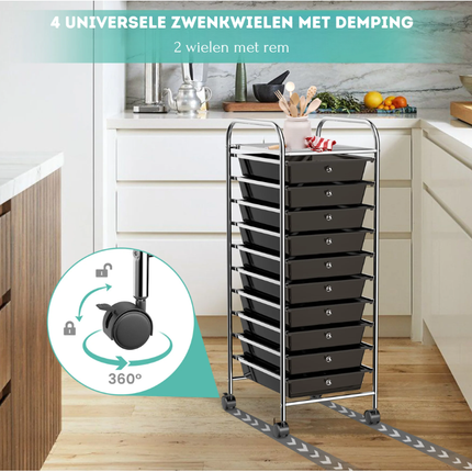 Trendmix Metalen Opbergrek Met 10 Lades - Roterende Wielen - Kapperstrolly - Kantoor Organizer - Gereedschapsrek - Zwart PP-Laden - 32,5 x 37 x 86 cm