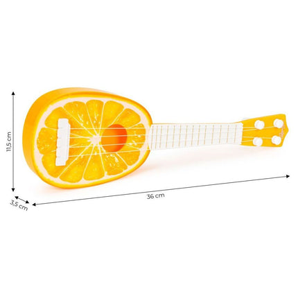 Ecotoys mini kunststof kinder ukelele / gitaar sinaasappel met 4 snaren 36 x 11.5 x 3.5 cm oranje