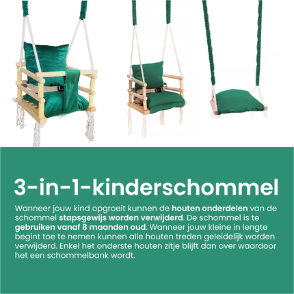 Luxe houten 3 in 1 groene meegroei baby schommel en Kinder schommel – Baby swing – Schommel die meegroeit met je kindje - Schommelstoel - Schommels - Handgemaakt