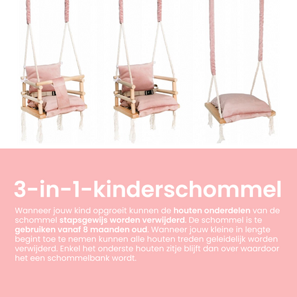 Luxe houten 3 in 1 roze meegroei baby schommel en Kinder schommel – Baby swing – Schommel die meegroeit met je kindje - Schommelstoel - Schommels - handgemaakt