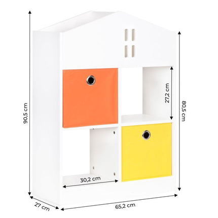 Ecotoys boekenkast met 2 mandjes - speelgoedkast 6 vakken - kinderkast wit / oranje / geel - 65.2 x 27 x 90.5 cm