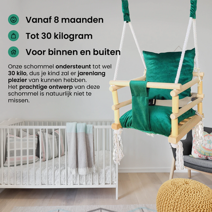 Luxe houten 3 in 1 groene meegroei baby schommel en Kinder schommel – Baby swing – Schommel die meegroeit met je kindje - Schommelstoel - Schommels - Handgemaakt