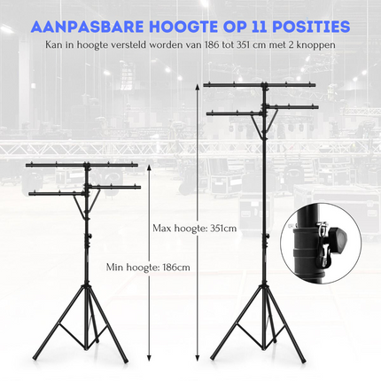 Costway LED Lichtstatief Voor 8 Lampen - Verstelbare Hoogte Draagbaar T Bar Podium Verlichting 186-351 cm - Zwart