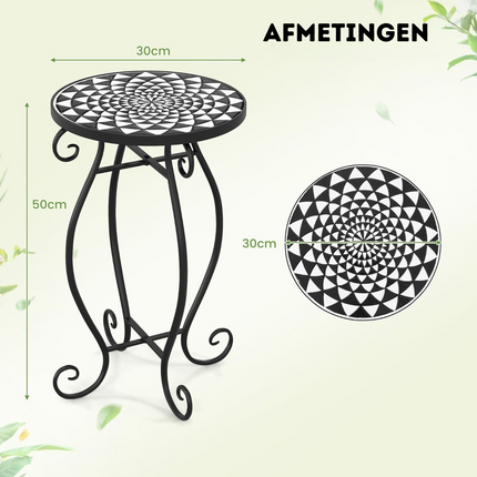 Mozaïek Bijzettafel voor Binnen en Buiten - Ronde Terrastafel met Weerbestendig keramiek Tafelblad - Kleine Plantenstandaard 30 x 30 x 50 - Zwart/Wit