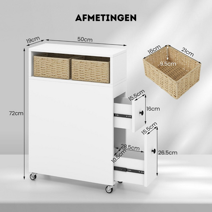 Costway Smalle badkamerkast Met wielen 50 x 19 x 72 cm Wit - Verrijdbare Opbergkast Met 2 Schuifladen En 2 Rotanmanden - Mobiel Badkamerplank