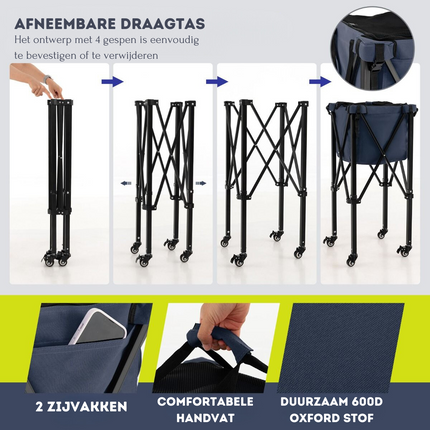 Trendmix Verrijdbare Aluminium Ballenmand Draagbaar Met 4 Wielen - Tot 150 Tennisballen - Inklapbaar En Lichtgewicht - Ballenkar trolley -  Met Zijvak en Draagtas - Blauw