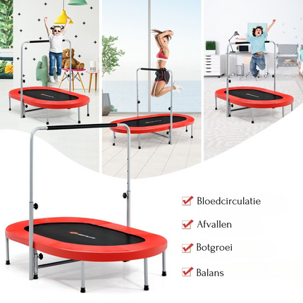 Costway XL Dubbele Fitness Trampoline voor 2 personen - 150 kg belasting - Opvouwbare Mini Trampoline Met Verstelbare Leuning - Voor volwassenen en kinderen - 154 x 89 x 92-132 cm - Rood