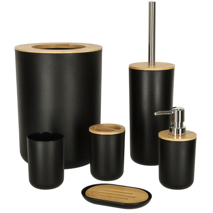 Luxe 6-delige bamboe badkamer set / toiletset zwart - zeepdispenser - tandenborstelhouder - toiletborstel - prullenbak zeepbakje - opberg beker