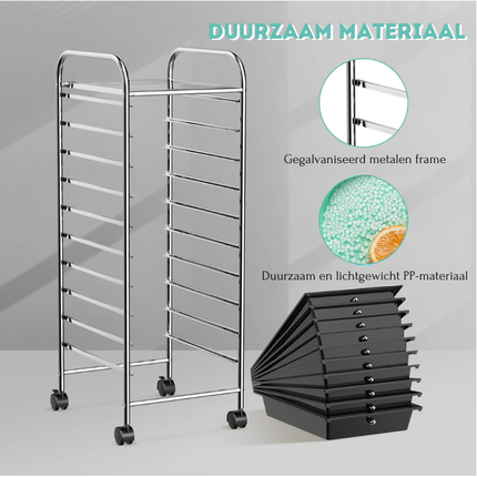 Trendmix Metalen Opbergrek Met 10 Lades - Roterende Wielen - Kapperstrolly - Kantoor Organizer - Gereedschapsrek - Zwart PP-Laden - 32,5 x 37 x 86 cm