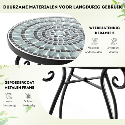 Mozaïek Bijzettafel voor Binnen en Buiten - Ronde Terrastafel met Weerbestendig keramiek Tafelblad - Kleine Plantenstandaard 30 x 30 x 50 - Zwart