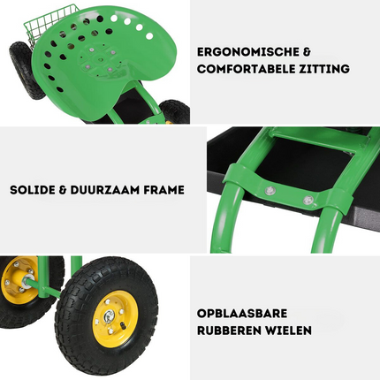 Costway Verrijdbare Werk Tuinstoel met 360° Draaibare Zitting - Om Makkelijk Onkruid Te Verwijderen - Verstelbare Hoogte Tuintrolley - Opbergmand – Groen