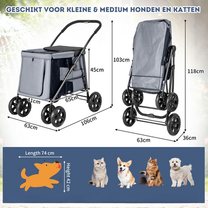 Costway Opvouwbare XL Hondenbuggy Met Ademend Gaas En Opbergvakken - Voor Honden En Katten Tot 40 kg - 106 x 63 x 103 cm Grijs