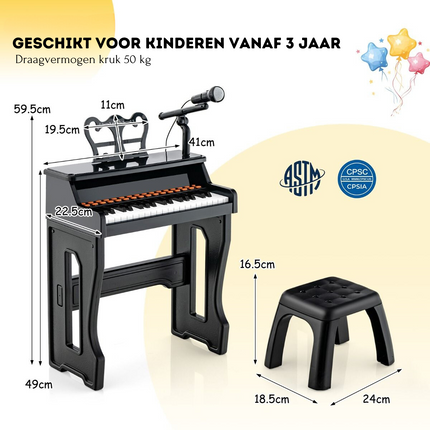 Costway 37 Toetsen Elektronisch Kinderpiano - Kinderpiano met kruk, Microfoon en Bladmuziekstandaard  - Piano voor kinderen vanaf 3 jaar- 41 x 22,5 x 49 cm Zwart