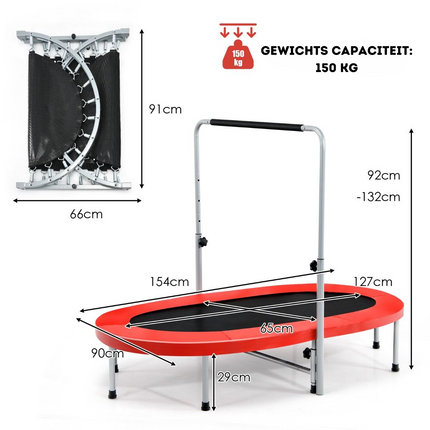 Costway XL Dubbele Fitness Trampoline voor 2 personen - 150 kg belasting - Opvouwbare Mini Trampoline Met Verstelbare Leuning - Voor volwassenen en kinderen - 154 x 89 x 92-132 cm - Rood