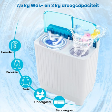 2de kansje Costway XXL Camping Wasmachine met dubbele trommel 7,5 Kg Was & 3 Kg Centrifugecapaciteit - Mini Wasmachine - Blauw