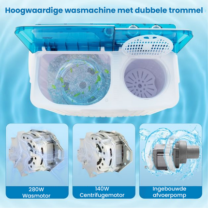 2de kansje Costway XXL Camping Wasmachine met dubbele trommel 7,5 Kg Was & 3 Kg Centrifugecapaciteit - Mini Wasmachine - Blauw