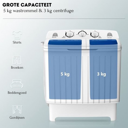 Costway camping wasmachine met dubbele trommel 5 Kg was / 3 Kg centrifuge laadvermogen wit / blauw