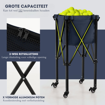 Trendmix Verrijdbare Aluminium Ballenmand Draagbaar Met 4 Wielen - Tot 150 Tennisballen - Inklapbaar En Lichtgewicht - Ballenkar trolley -  Met Zijvak en Draagtas - Blauw