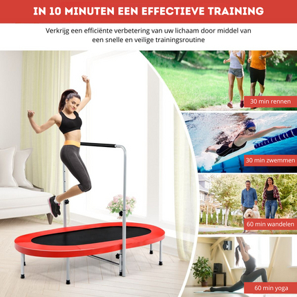 Costway XL Dubbele Fitness Trampoline voor 2 personen - 150 kg belasting - Opvouwbare Mini Trampoline Met Verstelbare Leuning - Voor volwassenen en kinderen - 154 x 89 x 92-132 cm - Rood