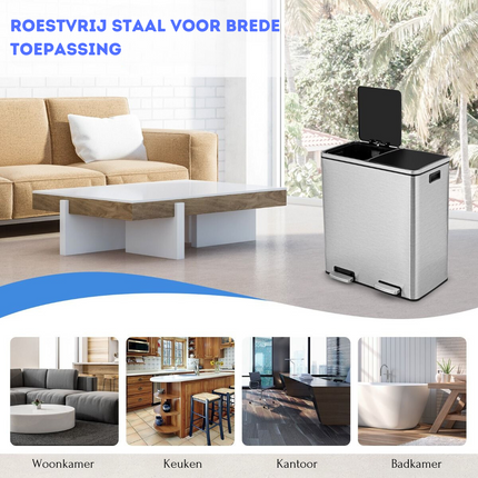 Costway RVS Afvalscheidingsprullenbak 2 x 30L - Prullenbak 60L Met Dubbele Compartimenten En Voetpedalen - Anti-Vingerafdruk