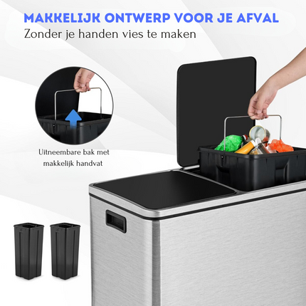 Costway RVS Afvalscheidingsprullenbak 2 x 30L - Prullenbak 60L Met Dubbele Compartimenten En Voetpedalen - Anti-Vingerafdruk