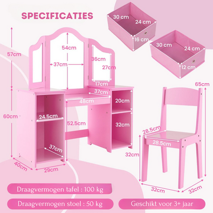 Costway 2 in 1 Kaptafel kind met Stoel En 3 Spiegels 104 x 40 x 117 cm Roze - Set voor Kinderen - Make-Up Tafel - Opmaaktafel