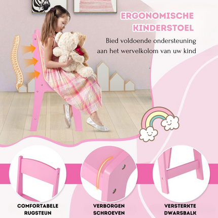 Costway 2 in 1 Kaptafel kind met Stoel En 3 Spiegels 104 x 40 x 117 cm Roze - Set voor Kinderen - Make-Up Tafel - Opmaaktafel