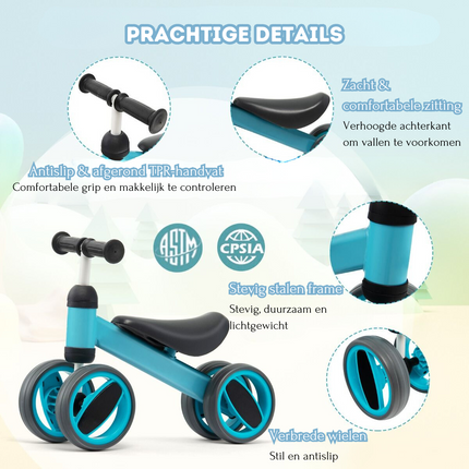 Costway Loopfiets Met 4 Wielen Blauw - Balance Bike - Kinderloopfiets - Balansfiets - 1 tot 2 Jaar