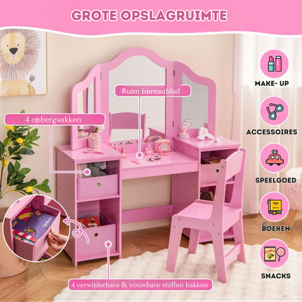 Costway 2 in 1 Kaptafel kind met Stoel En 3 Spiegels 104 x 40 x 117 cm Roze - Set voor Kinderen - Make-Up Tafel - Opmaaktafel