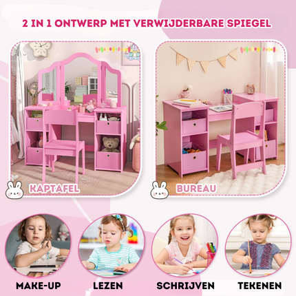 Costway 2 in 1 Kaptafel kind met Stoel En 3 Spiegels 104 x 40 x 117 cm Roze - Set voor Kinderen - Make-Up Tafel - Opmaaktafel