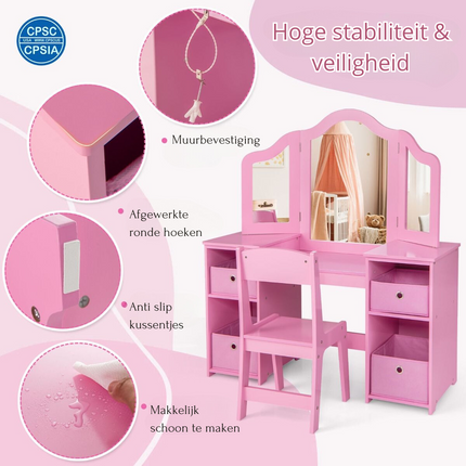 Costway 2 in 1 Kaptafel kind met Stoel En 3 Spiegels 104 x 40 x 117 cm Roze - Set voor Kinderen - Make-Up Tafel - Opmaaktafel