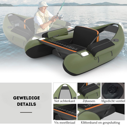 Costway Opblaasbare Lichtgewicht Belly Boat Groen 136 x 105 x 53 cm - Bellyboat 160 kg Draagvermogen - Inclusief Peddel en Flippers