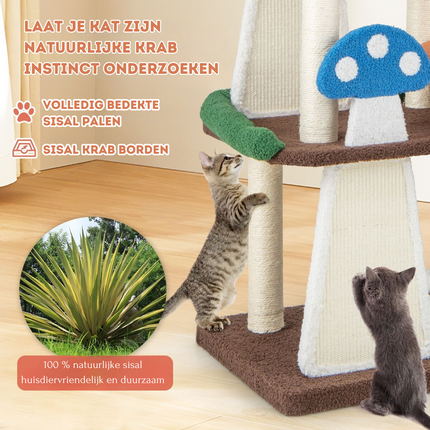 Krabpaal voor katten met 2 platforms Paddenstoellook 69 x 49 x 146 cm - Kattenboom met Kattenmand - Sisal Krabplank en Speelbal